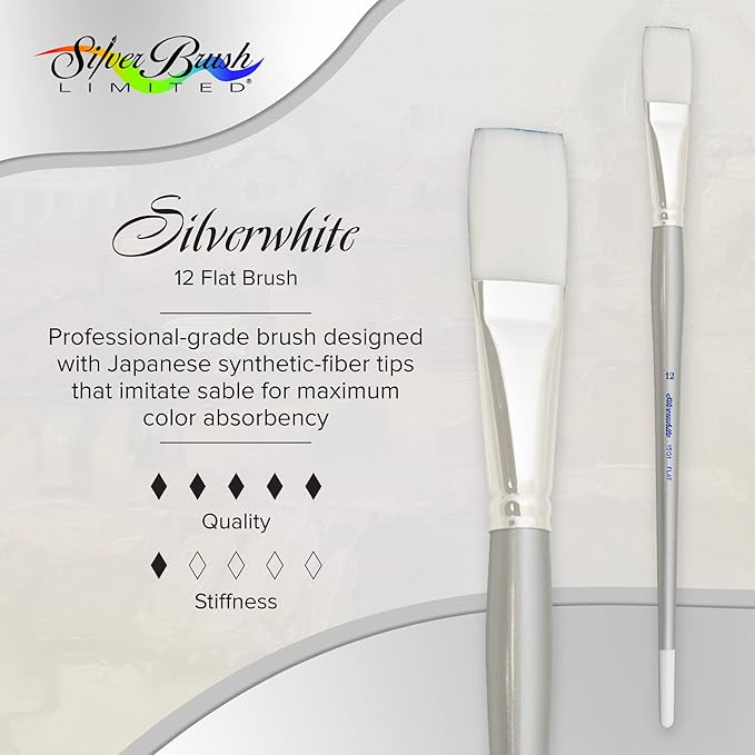 Silver Brush Limited 1501-12 Silverwhite Flat Paintbrush for Watercolor, Gouache, Inks, Dyes, Fluid, & Flow Acrylic, Size 12, Long Handle