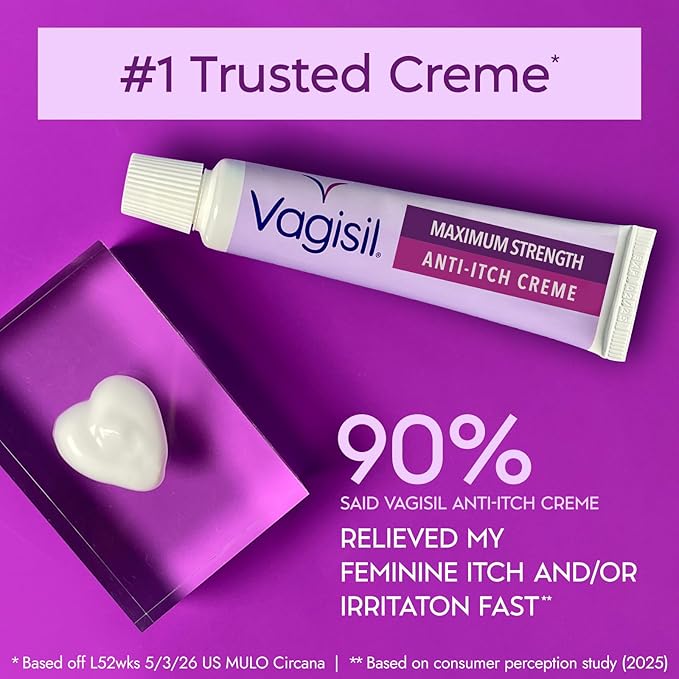 Vagisil Maximum Strength Feminine Anti-Itch Cream with Benzocaine for Women, Helps Relieve Yeast Infection Irritation, Gynecologist Tested, Fast-acting, Soothes and Cools Skin, 1 oz (Pack of 4)