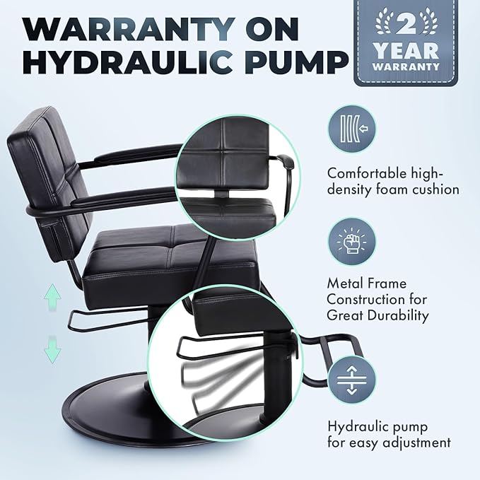 Buy-Rite Atlas Styling Chair for Professional Salons and Barbershops, Extra-Wide Seat, Black Metal Frame, Premium Black Vinyl with Detailed Stitching, Open Back Design, Hydraulic Base, NIN-5516