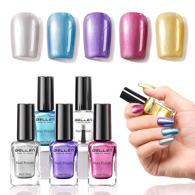 GELLEN Metallic Nail Polish, Quick Air Dry Metal Regular Nail Polish Gold Silver Purple Pink Blue 5 Colors with 2-In-1 Base Top Coat | For Finger Toe Nails Home Salon, TPO & Hema Free, Non-toxic