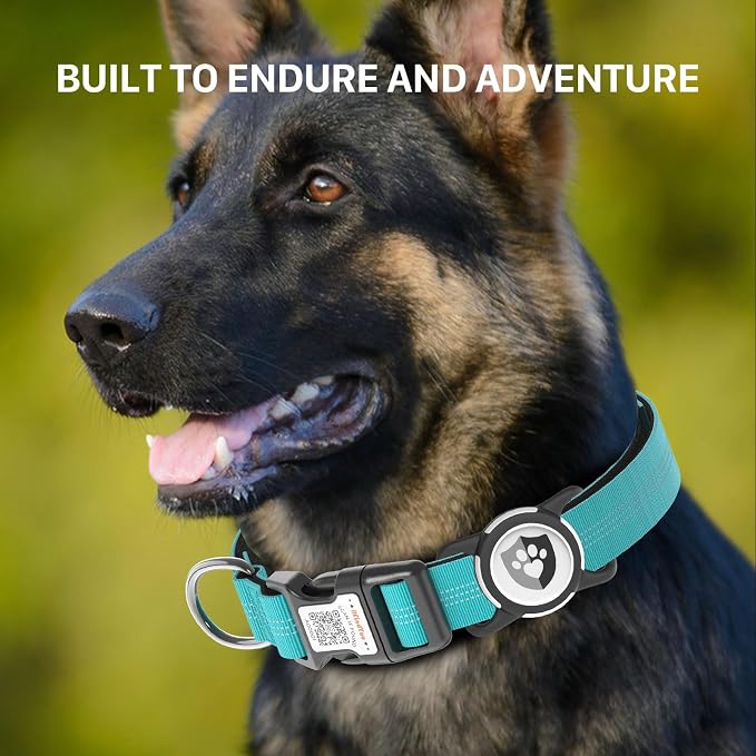 Waterproof AirTag Dog Collar with QR Code Dog Tag, Blue S | IP68 waterproof, QR code dog tag, Anti-Lost, Online profile, fits XS-L (8"-26"), Padded nylon, Reflective, No App, No Fees