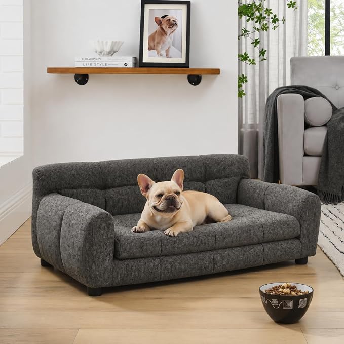 38"x22"Dog Sofa for Small & Medium Dogs | Removable Cushion Cover | Stable Low-Leg Frame | Breathable Linen Fabric | Armrest & Backrest | Easy to Clean | Dark Gray