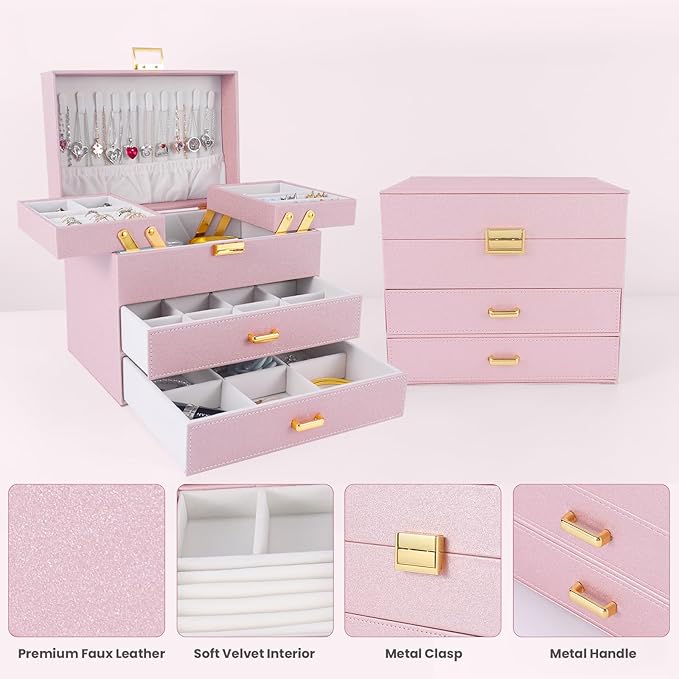 Jewelry Organizer Box, Large Jewelry Boxes for Girls, Space-Saving 4 Layers Jewelry Storage Case with Drawer, Gift for Women, Movable Metal Stand, Modern (Pink+ Gold)