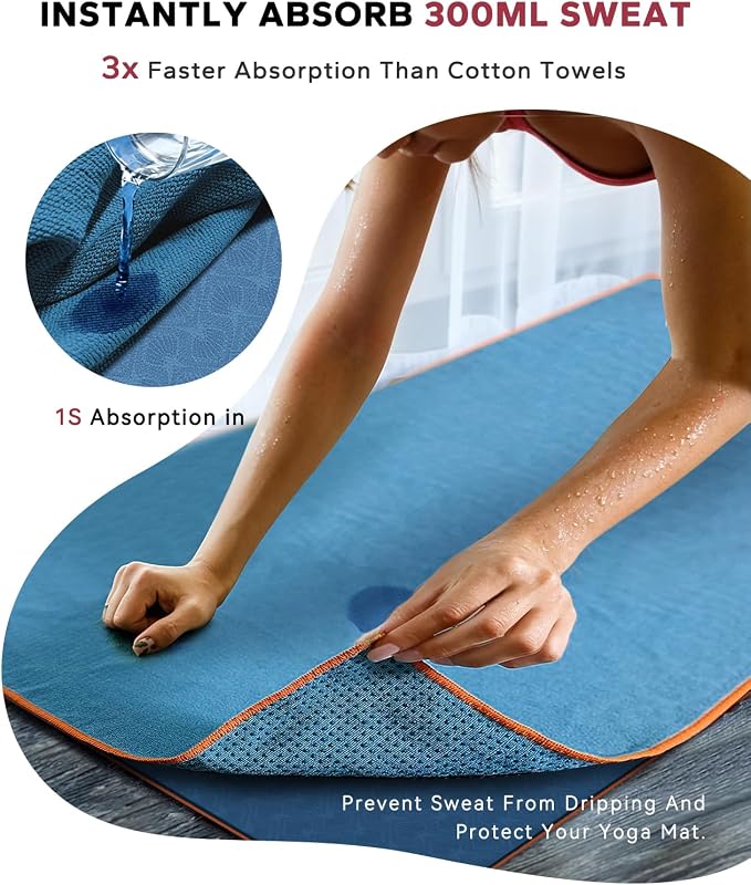 HAPBEAR 2 Pack Hot Yoga Towel with Non-Slip Grip Dots, 72" x 24" - Super Absorbent, Soft Microfiber Yoga Mat Towel for Bikram, Gym, Pilates - Blue