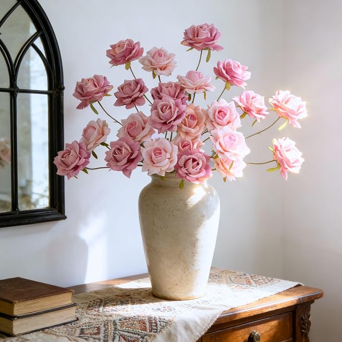 INXUGAO 10 Pcs Artificial Flowers Fake Roses for Outdoor, 28" Long Stem Silk Roses for Wedding Indoor Outside Party Decor, Realistic Faux Bouquet for Tall Vase Planter(Pink)