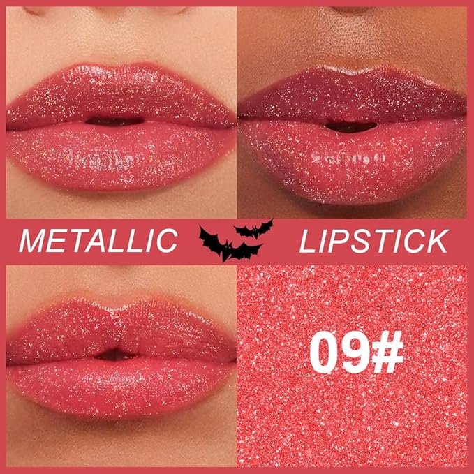 Kaely Glitter Metallic Lipstick, Shimmer Metallic Lipsticks for Women, High Pigmented Lip Gloss Long Lasting Waterproof Smudge Proof, Halloween Makeup, Vegan & Cruelty-Free, 09