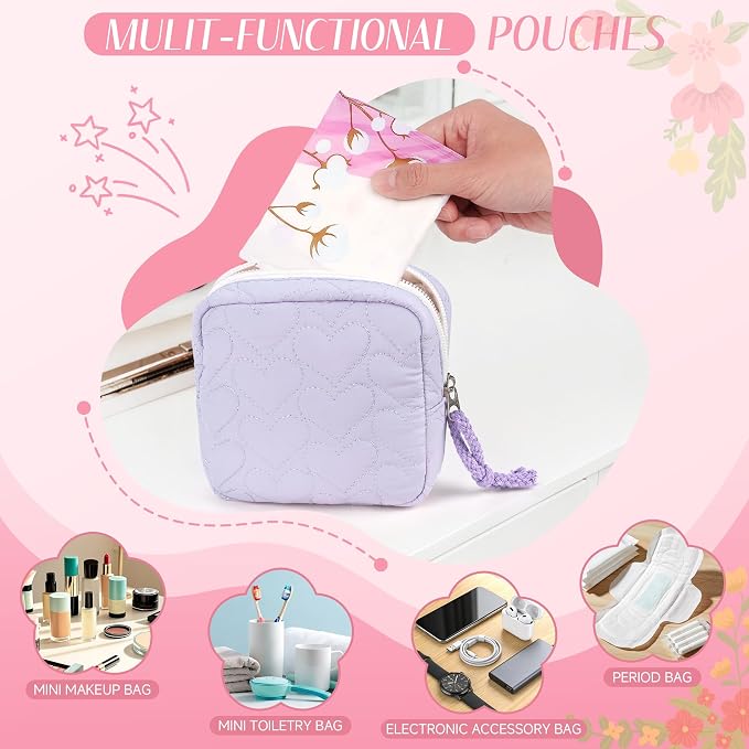 Likesing Quilted Period Bag, Period Pouches for Teen Girls Womens, Portable Nylon Sanitary Napkin Storage Bag Feminine Emergency Tampon Pad Pouch(Blue)
