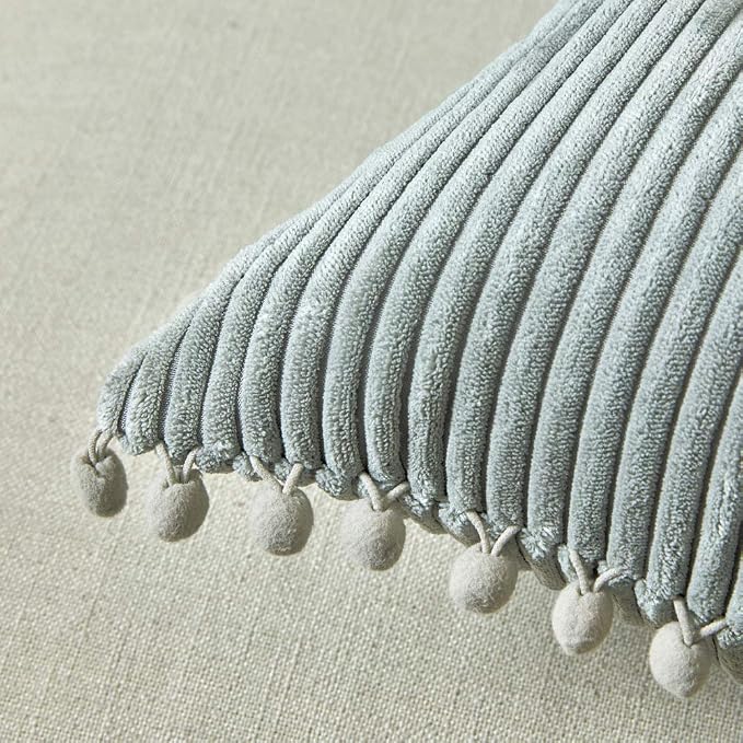 Fancy Homi Pack of 2 Boho Grey Lumbar Decorative Throw Pillow Covers with Pom-poms, Soft Corduroy Solid Rectangle Cushion Cases Set for Couch Sofa Bedroom Car Living Room (12x20 Inch/30x50 cm, Gray)