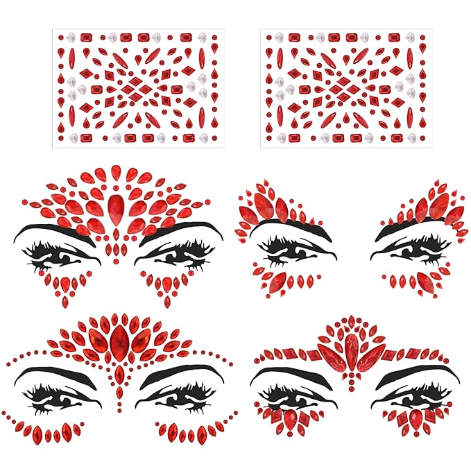 Erythem Face Gems for Women 6 Sheets Red Face Jewels Stick On Self Adhesive Rhinestones Stickers for Halloween Makeup Music Festival Rave Party