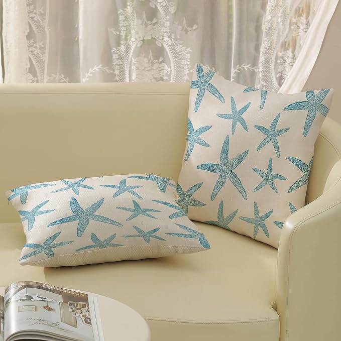 Blue Starfish Pillow Covers 18x18 Set of 2 Coastal Throw Pillows Spring Summer Nautical Ocean Theme Beach Decorative Pillow Cases Farmhouse Linen Outdoor Decor Cushion Case for Home Bedroom