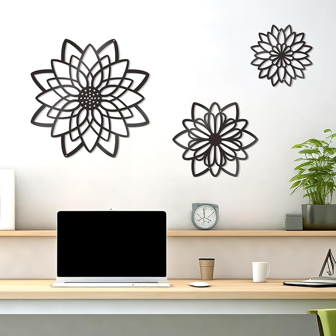 Zzbakress 3 Pcs Metal Flowers Wall Art Bathroom Wall Decor(Black Concise) | Farmhouse Flower Bathroom Decor Wall Decorations For Bathroom, Living Room, Office, Kitchen, Hallway And Outdoor