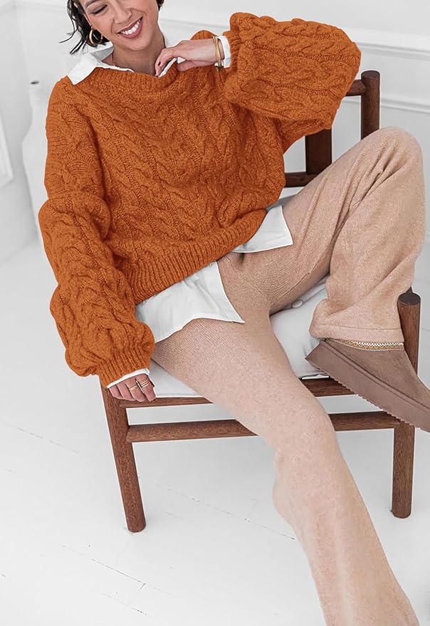 PRETTYGARDEN Womens Sweaters Spring 2026 Cable Knit Long Sleeve Crewneck Oversized Sweater Chunky Pullover Loose Outfits