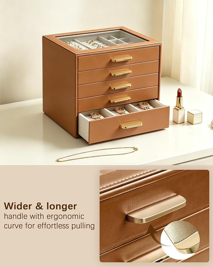 Homeanda Jewelry Boxes Organizer with Glass Lid, 5-Layer PU Leather, Brown | Modern style display case with 5 drawers for daily jewelry, women, mom or girl gift