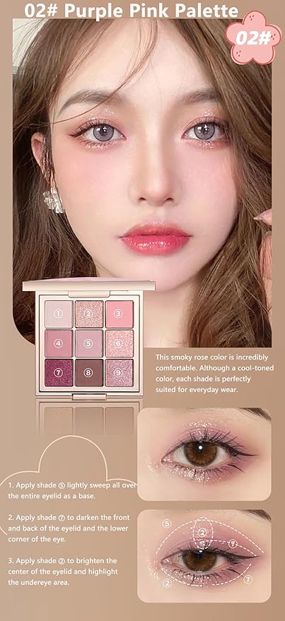 9 Colors Eyeshadow Palette, Matte & Shimmer & Glitter Eye Shadow, Highly Pigmented Silky Smooth Powder Waterproof Long Lasting Makeup Palettes. (Color 2)