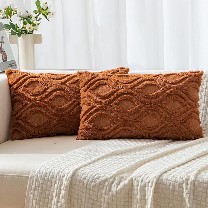 MIULEE Burnt Orange Fall Plush Faux Wool Lumbar Throw Pillow Covers 12x20 | Set of 2, Farmhouse Boho Home Decor, Decorative Cushion Covers for Sofa, Living Room, Bed