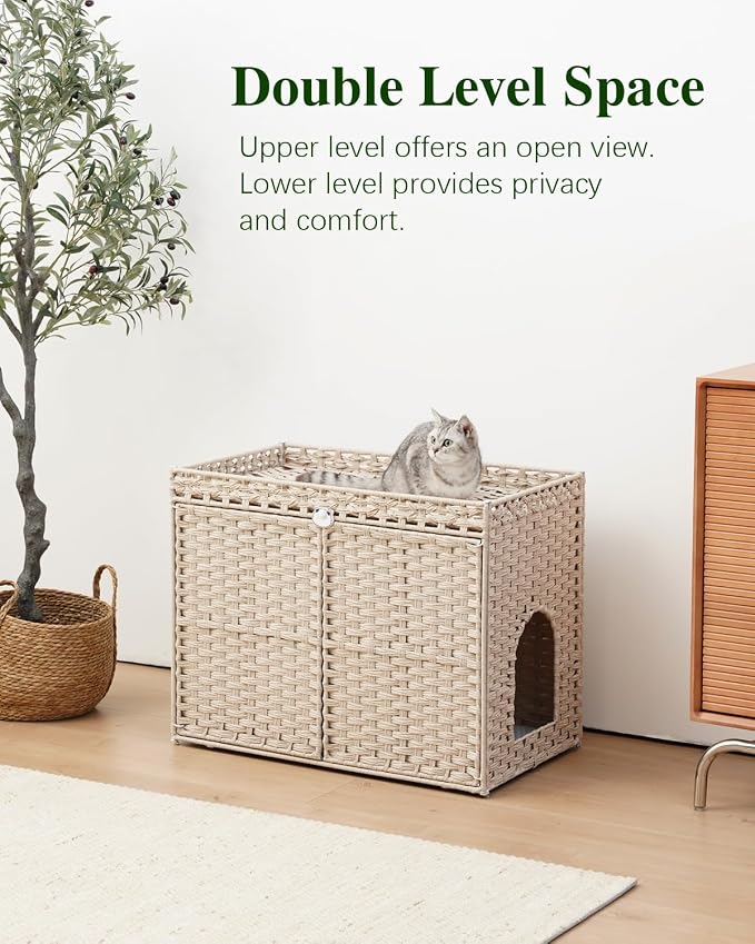 SETVSON Cat Litter Box Enclosure, XL Hidden PE Rattan, Light Khaki | Spacious Double Door PE Rattan, Spacious Nightstand & Cat Perch with Double Doors, Fits Big Litter Tray,2 S-Hooks Metal Frame