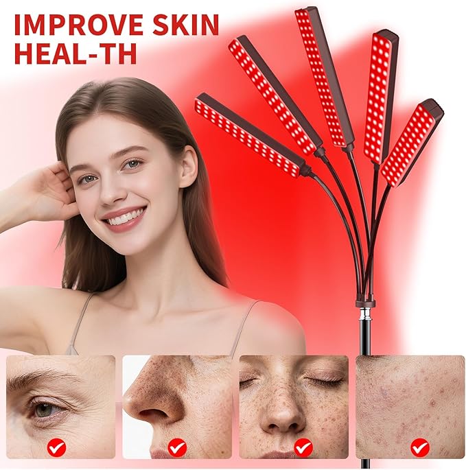 Cholas Red Light Therapy for Face Body, 5 Heads Red Infrared Light Therapy Devices with Stand, 5 Levels Adjustable Brightness 660nm and 850nm LED Near Infrared Light for Full Body, Face, Skin, Muscle