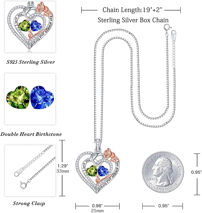 Iefil Valentines Day Gifts for Her Wife - 925 Sterling Silver Double Birthstone Necklace, Anniversary Birthday Gifts for Women, Jewelry Gift for Wife Girlfriend Mom Her