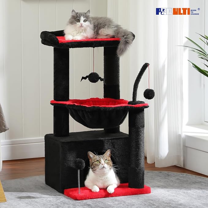 PEQULTI 4-in-1 Gothic Cat Tree for Kittens & Small Cats, 33in Black Tower | Compact 33in cat tower: deep hammock, cozy condo, top perch, sisal post; removable washable cover; wide base for small cats