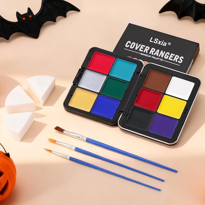 16 Colors Face & Body Paint - Blendable Facepaint Foundation with Sponge & Brush for Skin, Professional Halloween Face Make-up Kit for Zombie Clown Joker Vampire Skeleton Camo USA Flag Bruise Costume