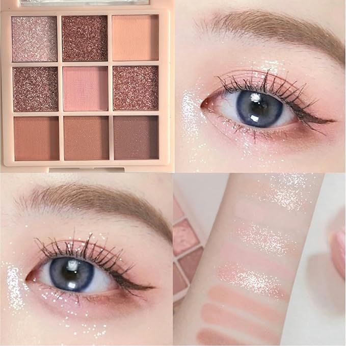 9 Colors Glitter Shimmer Eyeshadow Makeup Palette, Korean Natural Eye Shadow Palettes Highly Pigmented Long Lasting Waterproof Blendable sombras para ojos Pink Golden Brown Women Girls Eye Shadow