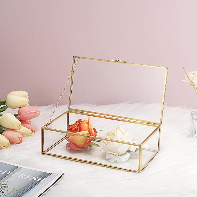 Hipiwe Vintage Glass Keepsake Box, Rectangle Gold Jewelry Display Organizer | Clear Lidded Box for Home Decor, Storage of Trinkets, Rings, Bracelets