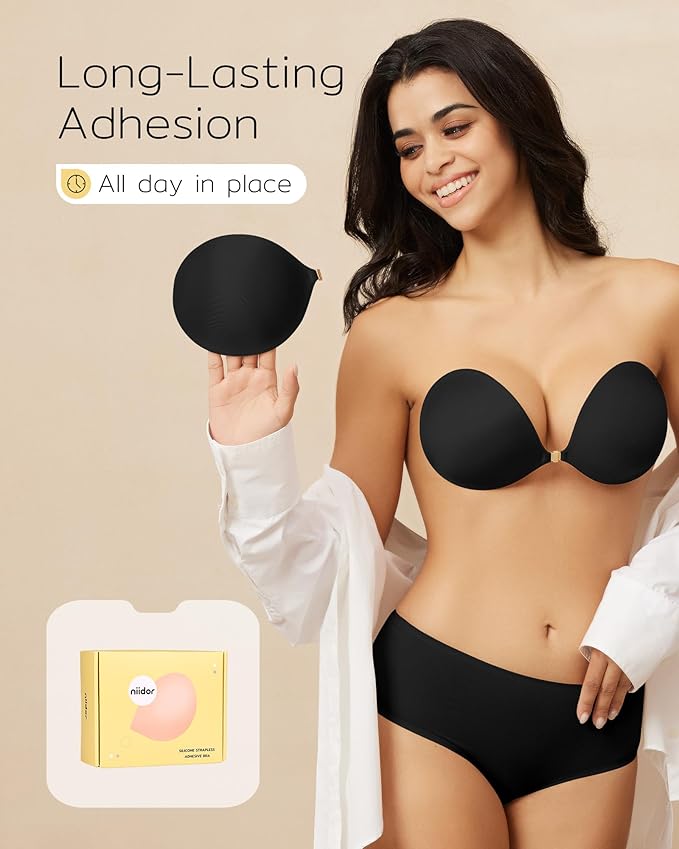 Niidor Adhesive Bra Strapless Sticky Invisible Push up Silicone Bra for Backless Dress with Reusable Nipple Covers