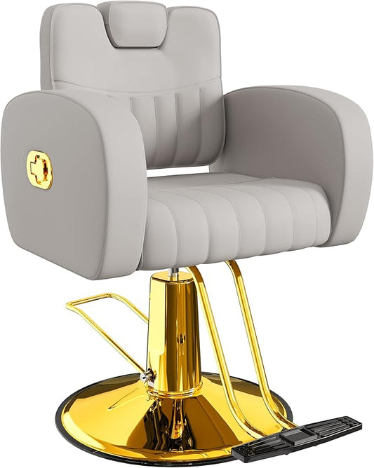 Baasha Ergonomic Gray and Gold Salon Chair with Comfortable Thickened Cushions, Heavy Duty Reclining Stylist Chair for Hair braiding, Extensions, Tattooing, Weight Capacity 440 lbs