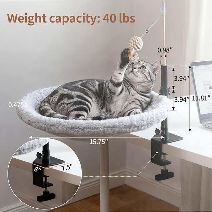 Cat Desk Bed Hammock for Home Office 360° Rotatable Cat Perch | Washable Mesh & Faux Fur Covers, Holds 40 lbs, Space-Saving Cat Furniture for Indoor Cats & Large Pets Drill-Free Clamp
