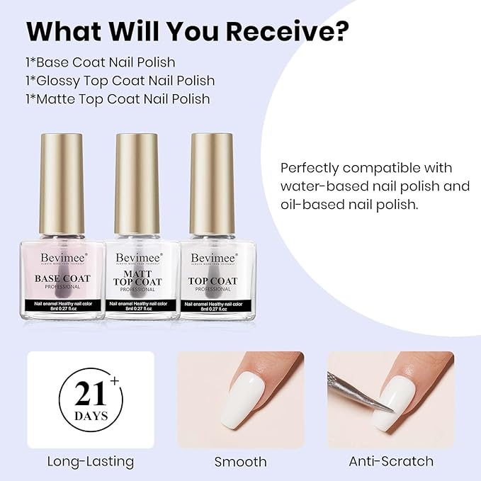Base and Top Coat Nail Polish Set Quick Dry, 3Pcs No Wipe Shiny/Matte Top Coat for Fingernail Non Gel Air Dry Fast Clear Nail Polish No Chip Nail Protective DIY at Home