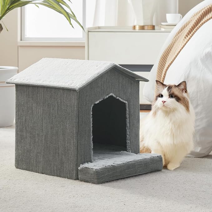 Cat Beds for Indoor Cats,Cat Houses,Cat Cave with Orthopedic Cushion,Foldable Cat Condos,Hideaway,Shelter,Gray Cat Tent for Small Dogs and Rabbit,Squirrel