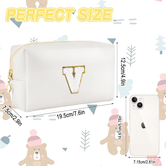 URSKYTOUS Gifts for Girls Initial Makeup Bag Personalized Cosmetic Bag with Zipper Cute Travel Toiletry Bags Waterproof PU Preppy Makeup Pouch Birthday Gift for Teen Girls Women(White V)