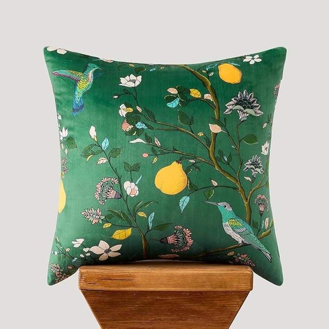 MUSSEL Green Velvet Floral Decorative 16x16 Pillow Covers Set of 2 | Soft Durable and Sturdy,Bird Plant,Throw Pillows Case,Square,Colorful Country Cushion Covers,Home Sofa Bed Couch Decor