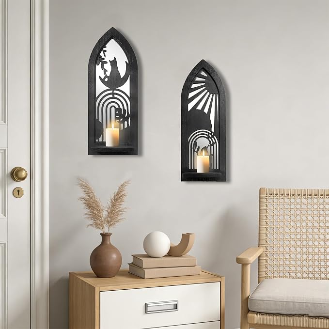 ZEXUIRU 2 Set Rustic Candle Sconces Living Room Bedroom Entryway Wood Mirrored, Farmhouse, Carved Frame Wall-Mount Wooden Candle Holders Wall Decor Hanging Handmade Holder - Black