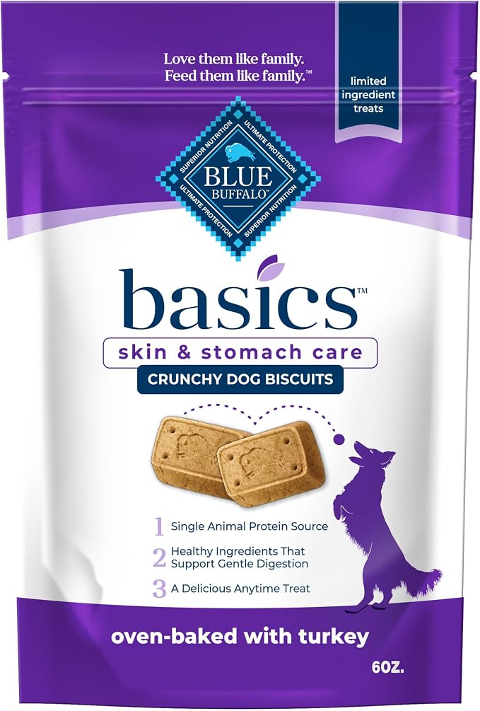 Blue Buffalo Basics Turkey Skin & Stomach Care Dog Biscuits, 6 oz | Real Turkey #1 Ingredient, Limited Ingredient Diet, Antioxidant-Rich LifeSource Bits, Crunchy Treat for All Breed Sizes