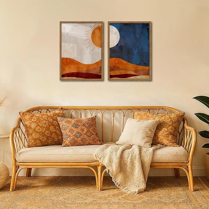 Framed Boho Sun and Moon Canvas Wall Art Set of 2, Vintage Western Desert Landscape Wall Decor Paintings, Mid Century Modern Abstract Pictures Prints Artwork for Living Room Bedroom Office 12x16 inch
