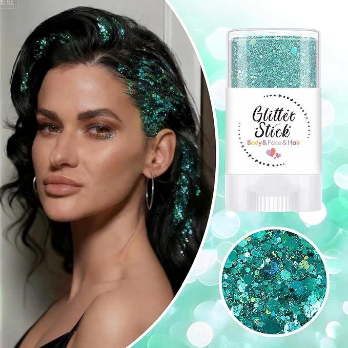 Christmas Green Hair Glitter Stick, Neon Outfit Party Holographic Sparkling Sequins Mardi Gras Accessories Face Paint & Body Glitter Eyeshadow Gel Makeup. (Green)