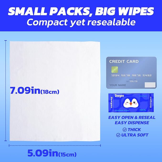 Deeyeo On-the-Go Flushable Butt Wipes, 336 Count (48 Packs of 7) | 99% EDI Purified Water Wipes for Sensitive Skin, Septic and Sewer Safe,Travel Essentials for Adults & Kids
