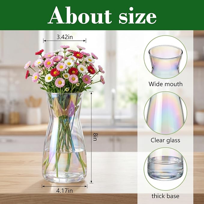 8 inch Glass Flower Vases for Flower 2 Pack,Colorful Glass Vases | Vases for Centerpieces Table,Flower Bouquet Decoration,Wedding Decor Gift,Birthday,Living Room