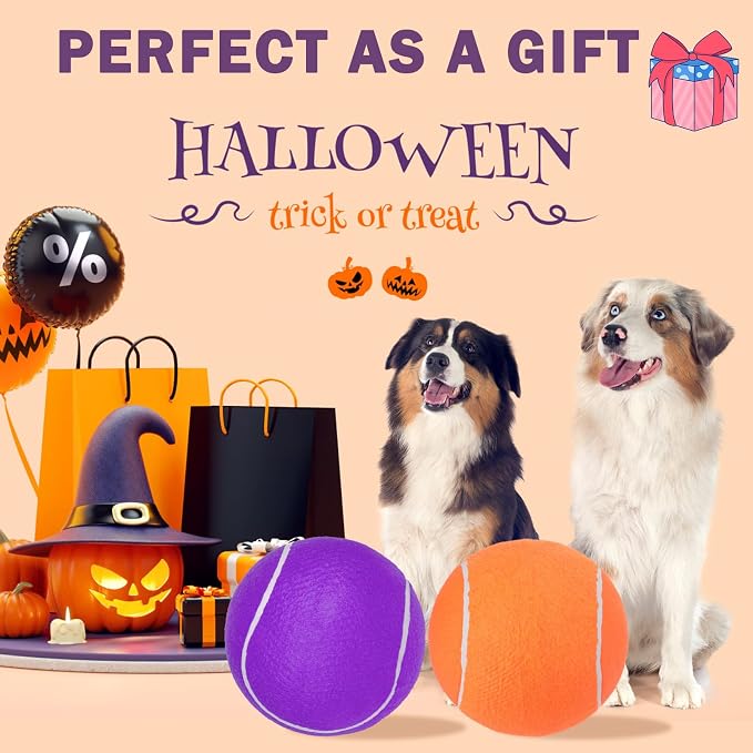 SCENEREAL Giant Tennis Ball for Dogs 2 Pack,Upgraded Thicken 9.5" Large Tennis Balls for Dogs,Halloween Dog Toys Birthday Gift, Inflatable Interactive Ball for Large Medium Big Dog,Durable Toy