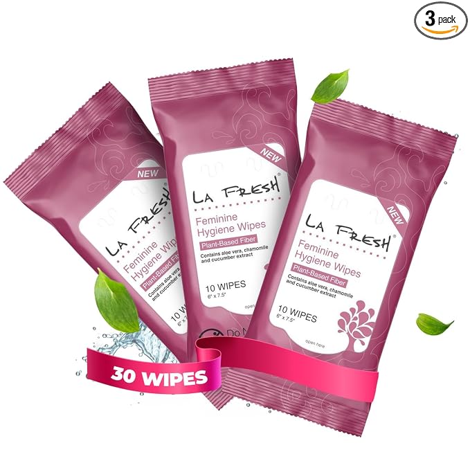 LA Fresh Feminine Hygiene Wipes for Women, Travel Size 3 Pack (30 Count) | Aloe Vera, Chamomile, Cucumber & Vitamin E Infused Gentle Cleansing Wipes for Daily Freshness, Gym & On-the-Go Comfort