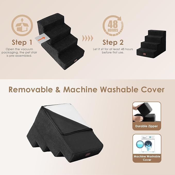 EHEYCIGA Dog Stairs for Bed 18" H, Dog 4-Steps for High Bed, Black | Pet Steps for Small Dogs and Cats, Non-Slip Balanced Pet Ramp Indoor