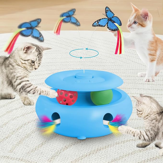 Interactive Cat Toy for Indoor Cats, 3-in-1 Automatic Kitten Toys with Fluttering Butterfly, Ambush Feather and Track Balls, USB Rechargeable Cat Enrichment & Exercise Toy