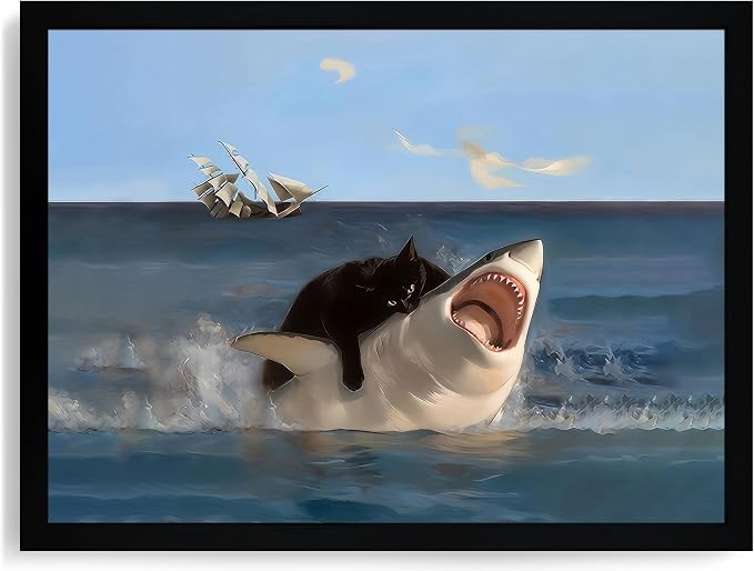 ICHZUMW Framed Funny Black Cat Biting Shark Ocean Canvas Wall Art 12x16 In | Quirky Cat Biting Shark Oil Painting, Humorous Bathroom Wall Decor, Bedroom Bar Man Cave Restroom Powder Room, Ready to Hang