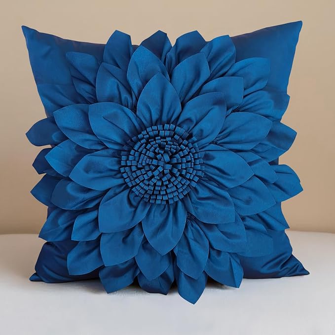 Navy Blue Accent Flower Decorative Throw Pillow Covers for Bed Sofa Couch | Bella's Giftshop Handmade Sunflower Taffeta Pillow Cases Living Room Bedroom Decor, 18x18 Inch