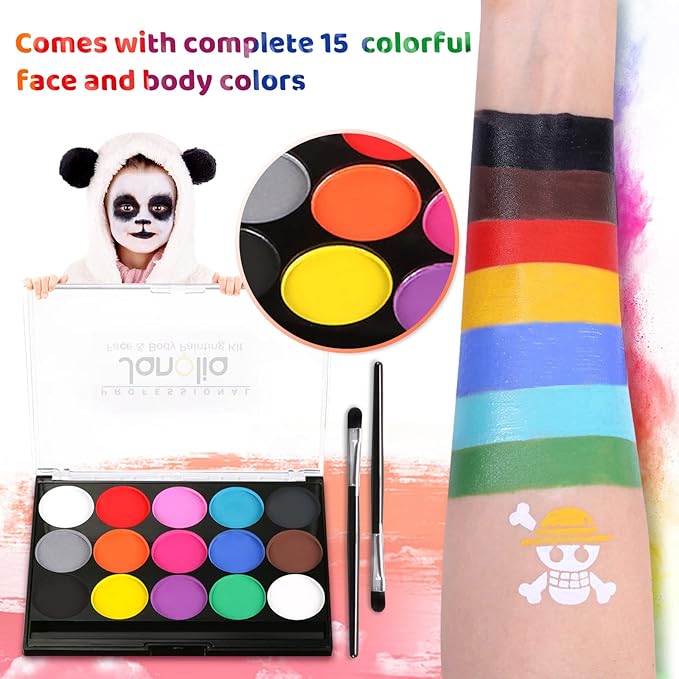 Janolia Face Painting Kit for Kids, 15 Colors Face Paint Palette, Water Activated Face Paint, Body Paint Makeup for Halloween Carnival Easter Theme Party, Ideal Facepaint Makeup Kit for Kids