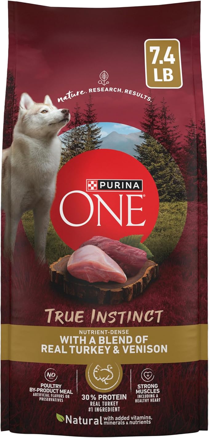Purina ONE True Instinct Dry Dog Food, Real Turkey & Venison, 7.4 lb Bag | Nutrient dense, with 30% protein to help support strong muscles, natural with added vitamins, minerals and nutrients