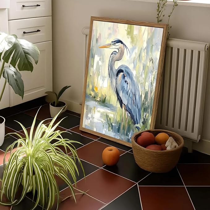 Framed Blue Heron Wall Art, Watercolor Sea Bird Pictures Wall Decor, Coastal Nature Wildlife Animal Paintings Canvas Prints for Living Room Bedroom Bathroom Office Home Decor 16x24 inch