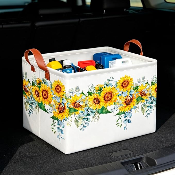 CLOCOR Rectangular Storage Basket Empty,Gift Basket,Waterproof Storage Bin with Handles,Room Decor(Sunflower Rope)