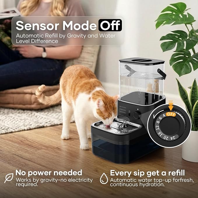 3L Filterless Cat Water Fountain, Wireless, Wastewater Separation | 4000mAh Rechargeable Battery,Motion Sensor Activation,Separate Water Tanks,Gravity Water Refill,Stainless Steel Bowls,Quiet